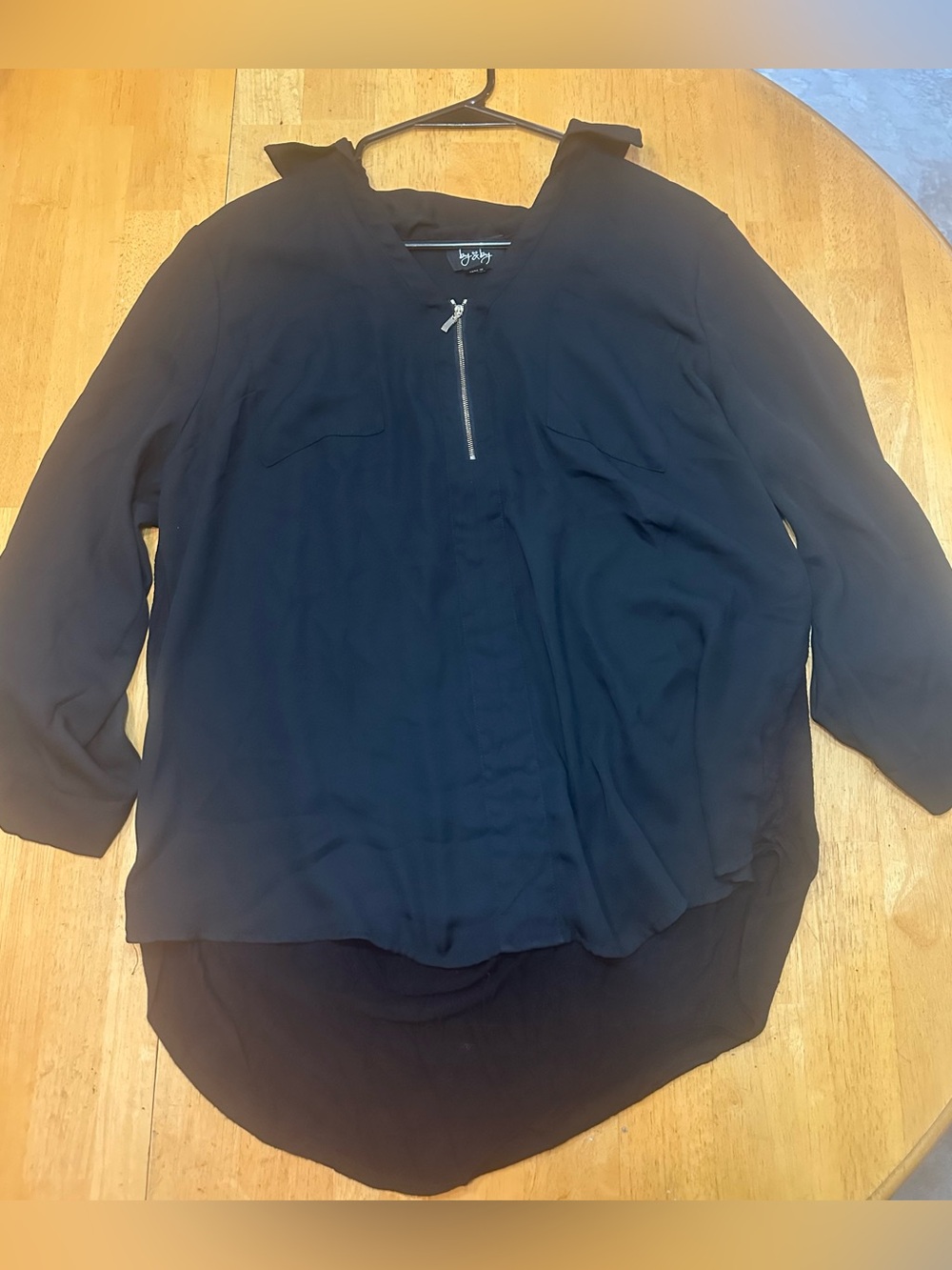 by & by Black Long-Sleeve Zip Front Blouse
